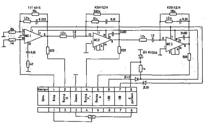 Circuit diagram with potentiometer and three integrated-circuit amplifiers