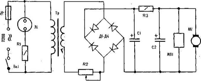 Circuit diagram of the transformer-rectifier supply with variable resistor and voltmeter